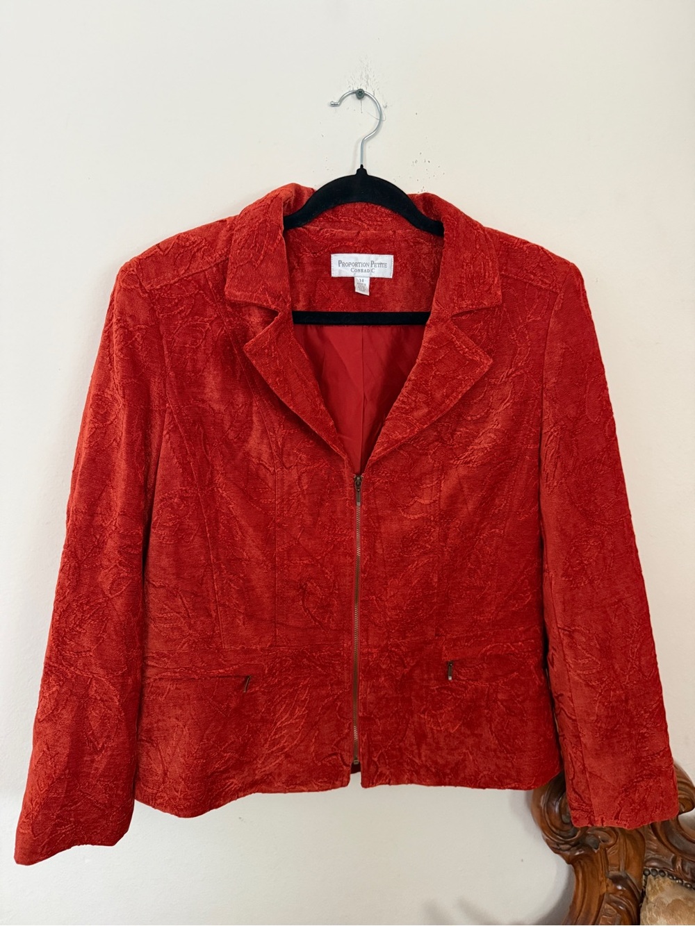 Petite Sophisticate Textured Red Velvet Zip-Front Jacket